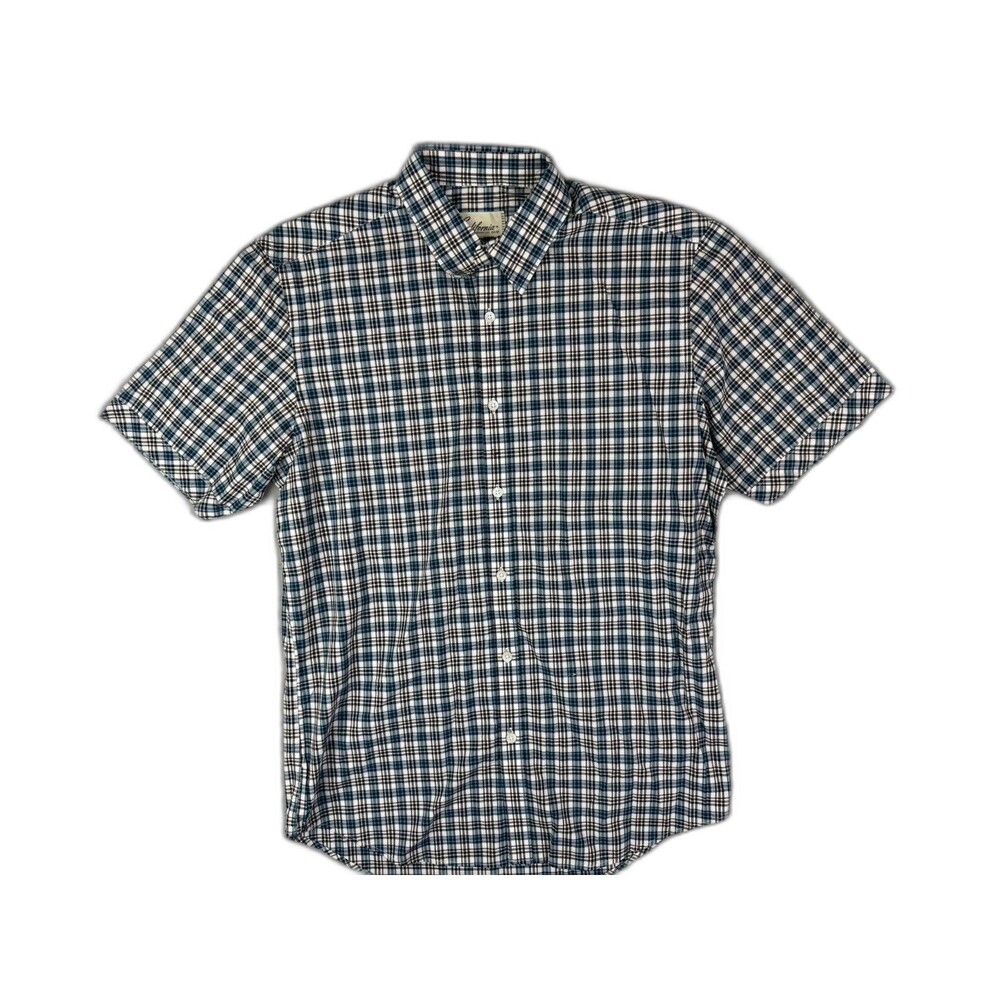 California Size M Mens Shirt Short Sleeve Button Up Blue Black Plaid